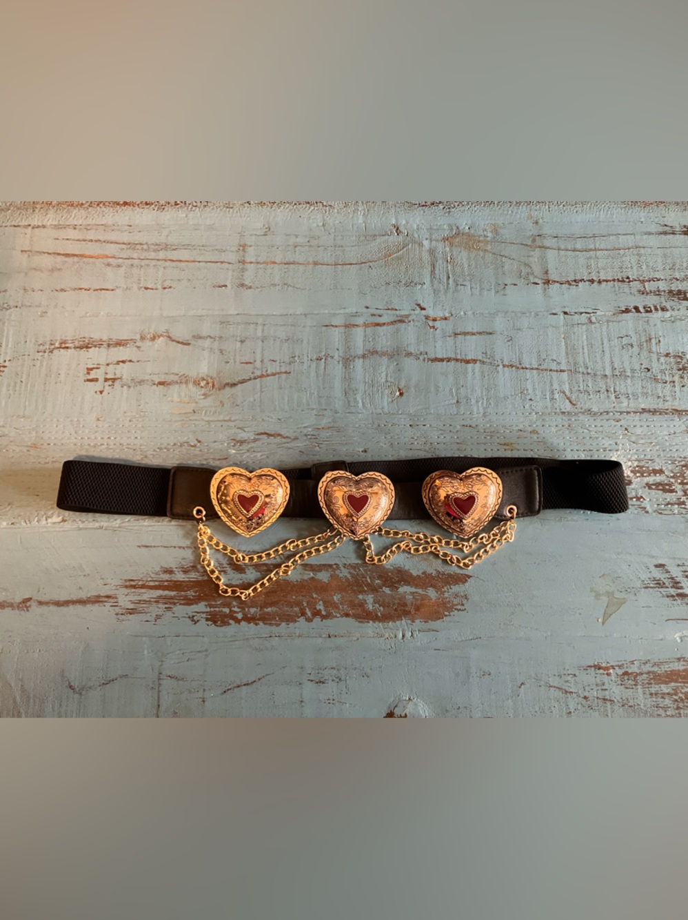 Gold Heart Chain Stretch Vintage Belt with Red Accents